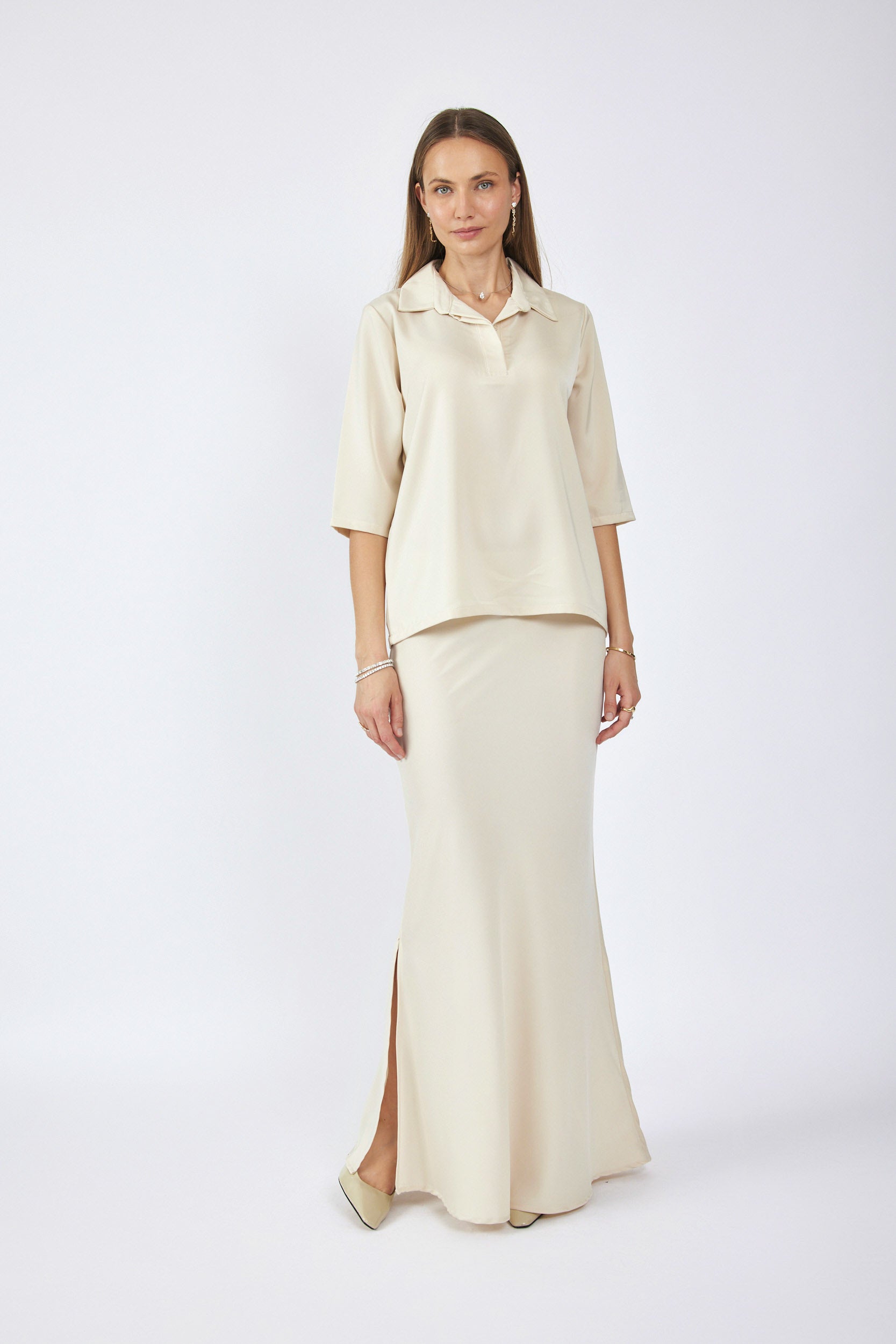 חולצת פולו סאטן שרוול 3/4