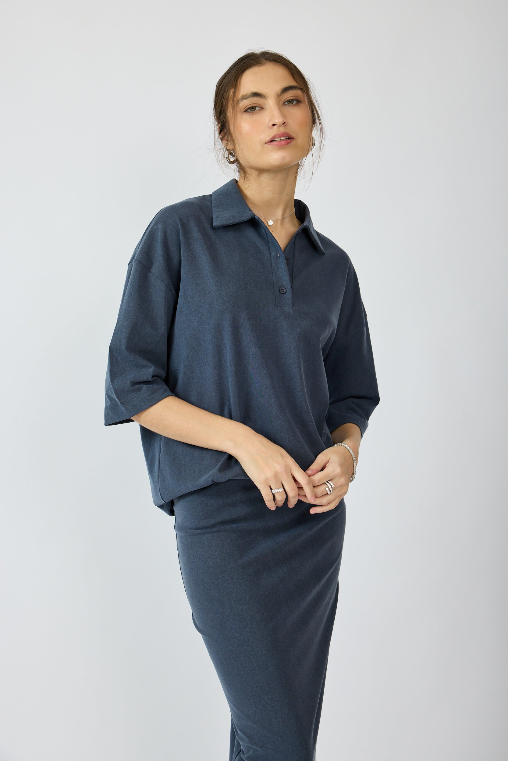 חולצת פולו פיגמנט שרוול 3/4