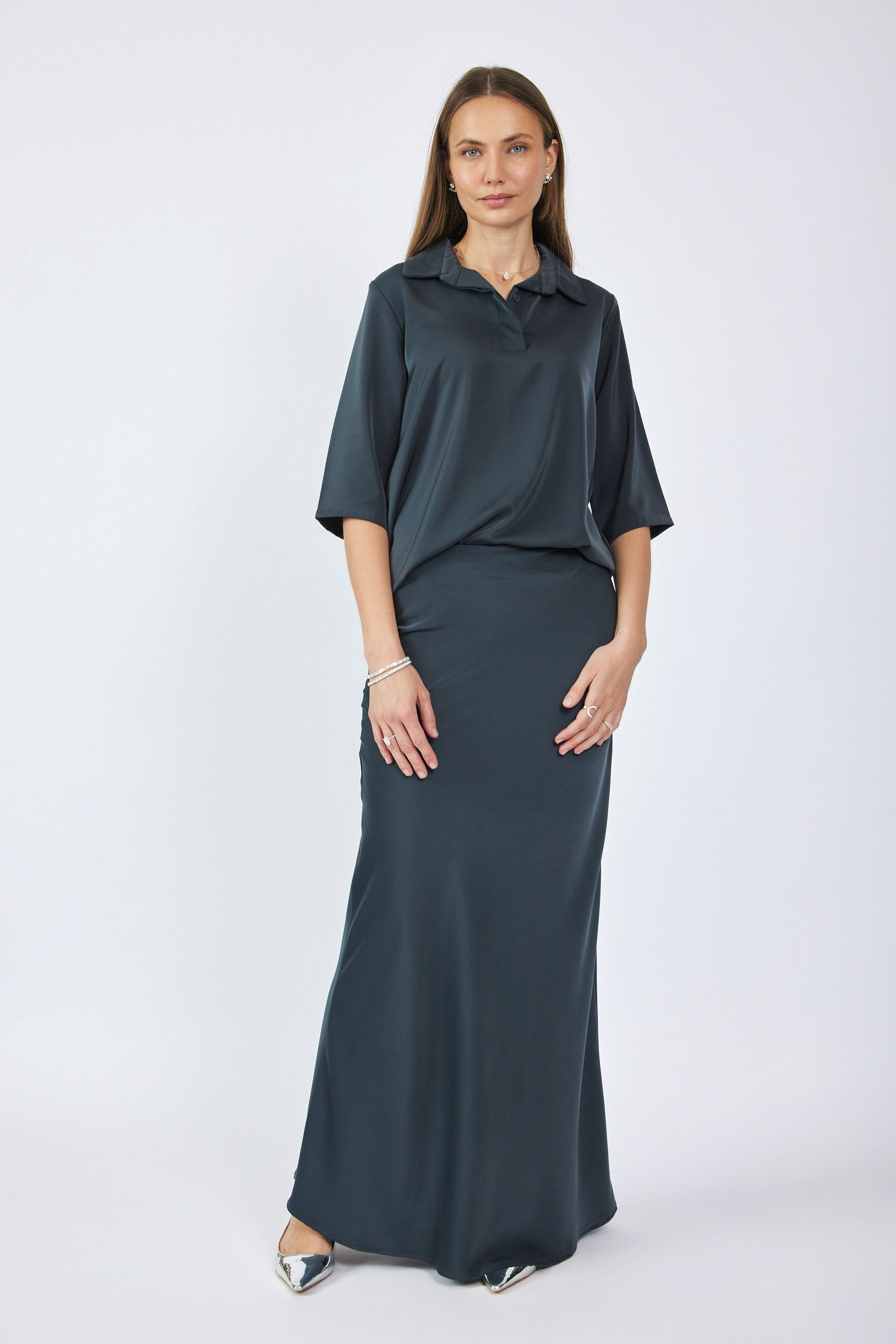 חולצת פולו סאטן שרוול 3/4