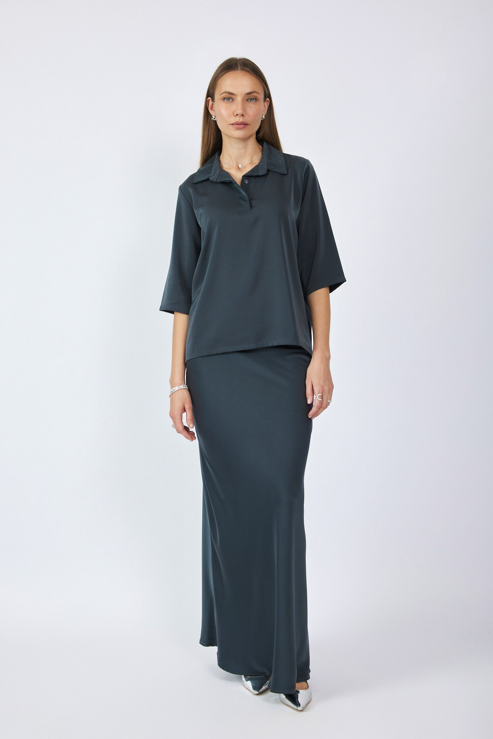 חולצת פולו סאטן שרוול 3/4