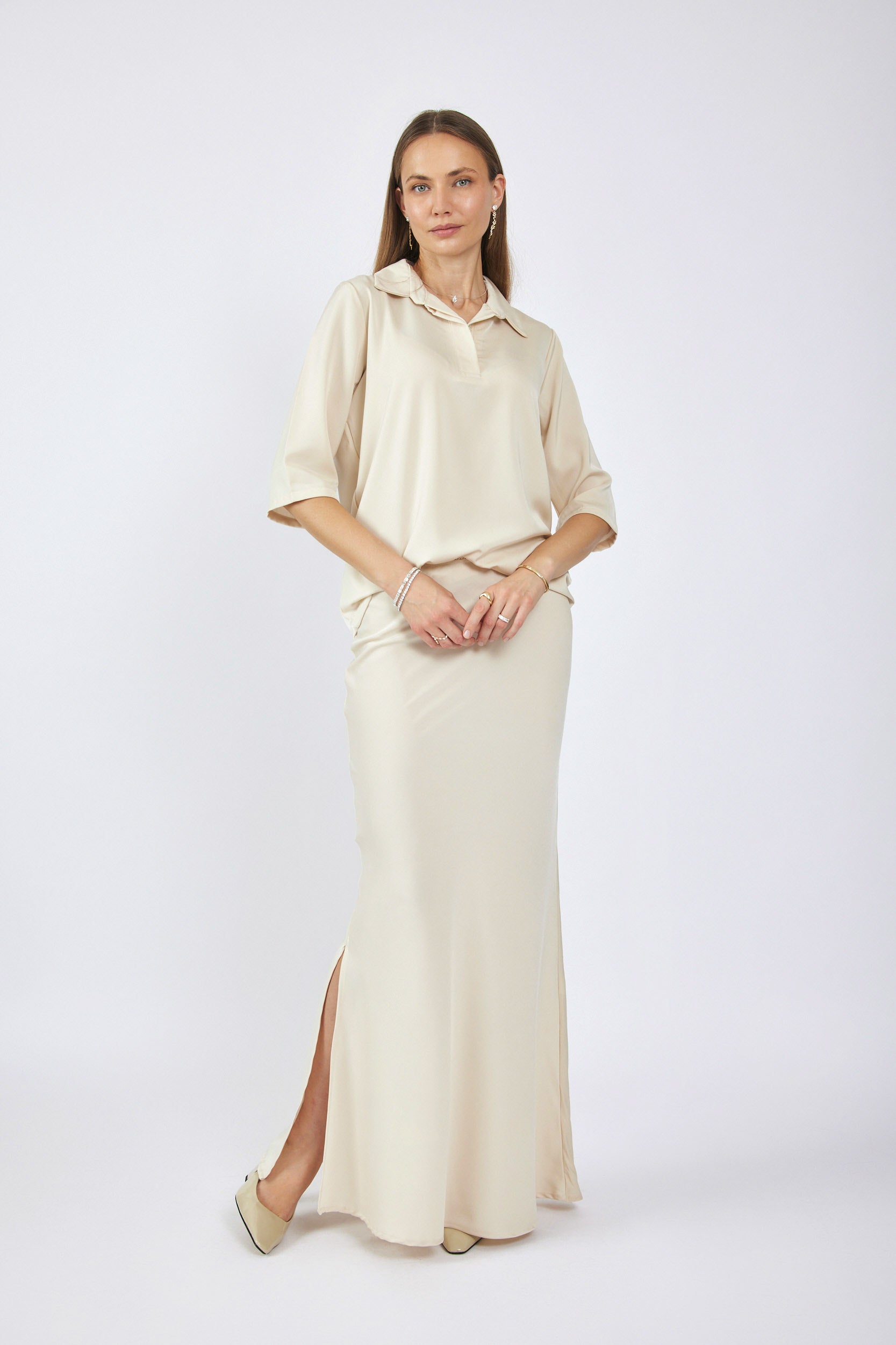 חולצת פולו סאטן שרוול 3/4